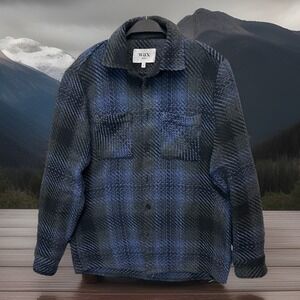 WAX LONDON Whiting Black Blue Beatnik Plaid Button Down Overshirt Size Small